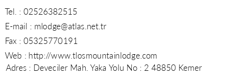 Mountain Lodge telefon numaralar, faks, e-mail, posta adresi ve iletiim bilgileri